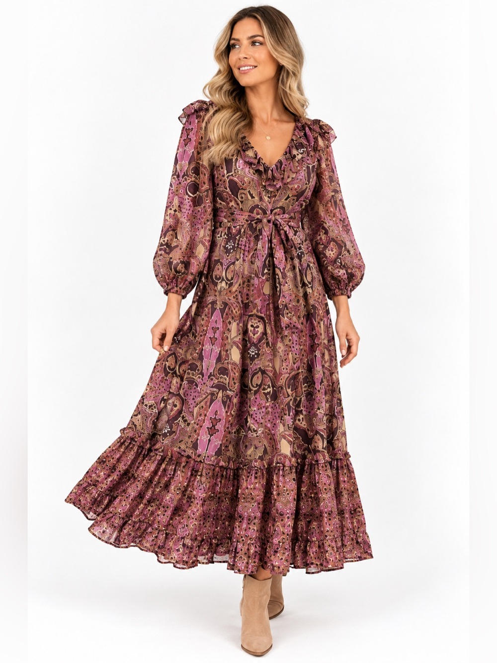 A LOVES A Paisley Printed Ruffled Linen V-Neck Maxi Dress Bohemian Size M NEW